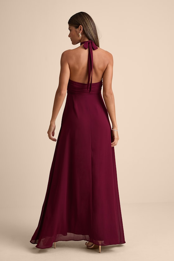 Cammie Burgundy Halter Neck Ruched Maxi Dress