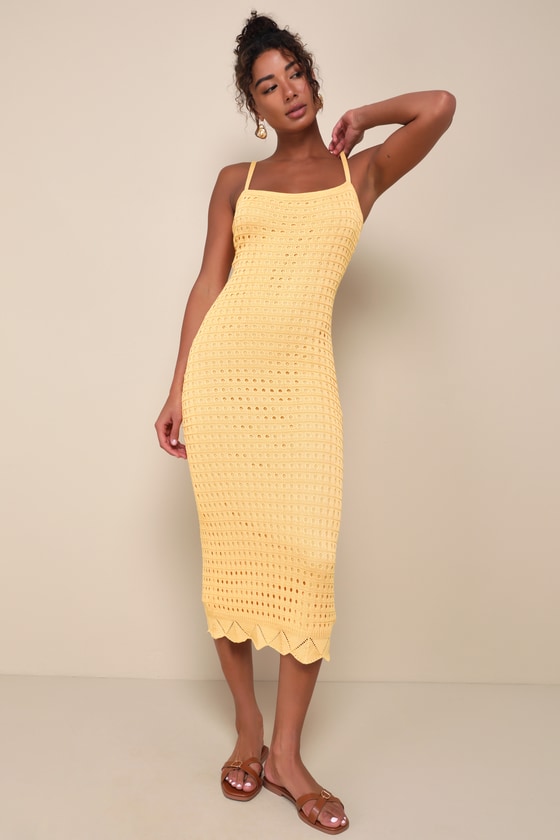 Ventura Vision Light Orange Crochet Lace-Up Midi Dress