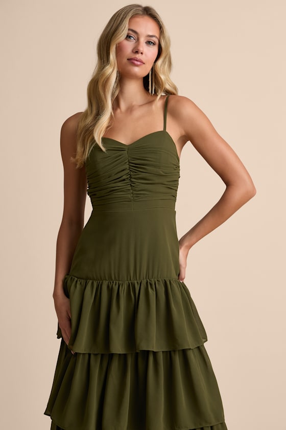 Gorgeous Influence Olive Green Tiered Maxi Dress