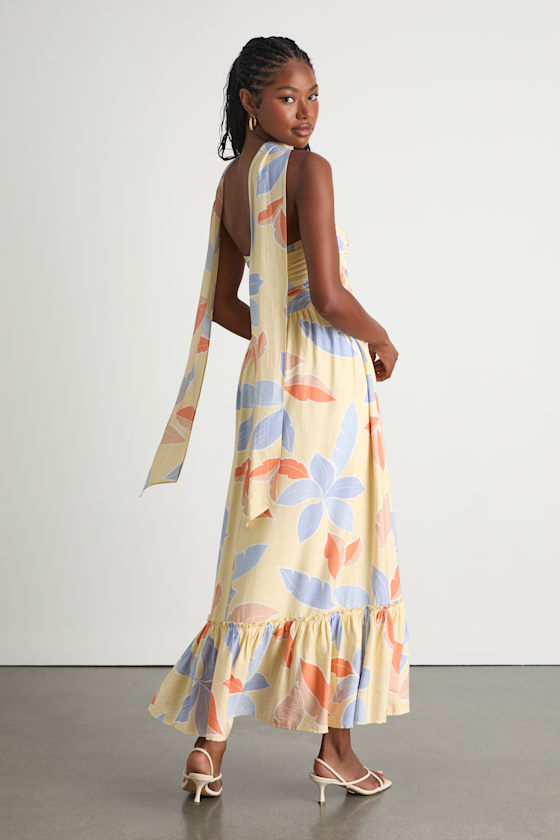 Kelia Light Yellow Leaf Print Midi Dress and Scarf Set