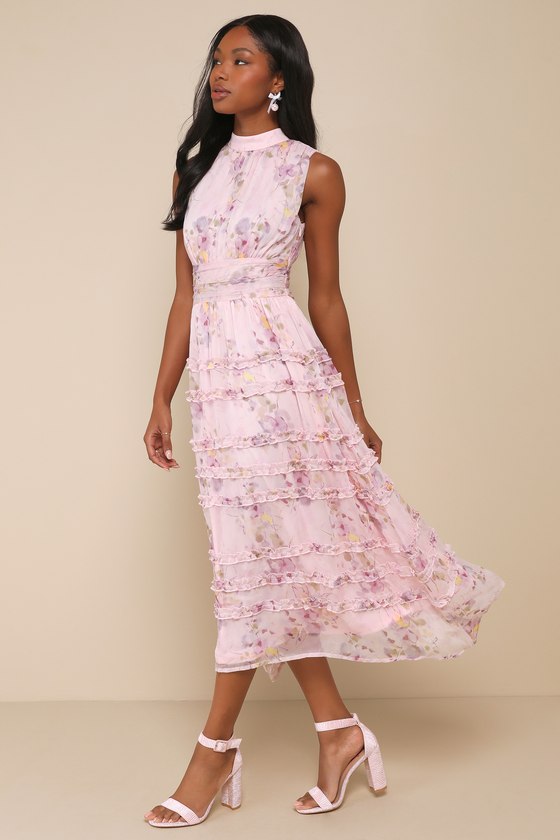 Happily Sweet Light Pink Floral Mock Neck Backless Midi Dress