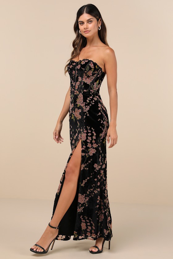Luxurious Allure Black Burnout Velvet Strapless Maxi Dress