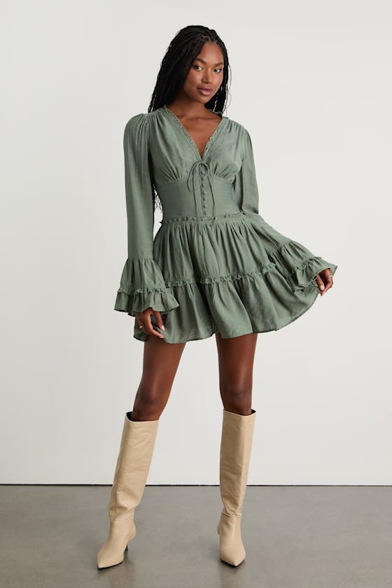 Ayaana Sage Green Long Sleeve Tiered Mini Dress