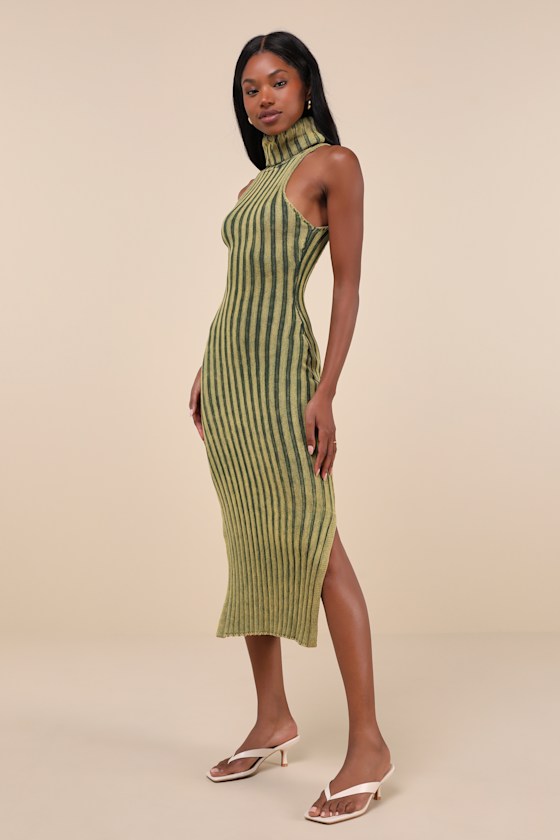 Truly Magnetic Washed Green Ribbed Turtleneck Midi Sweater Dress