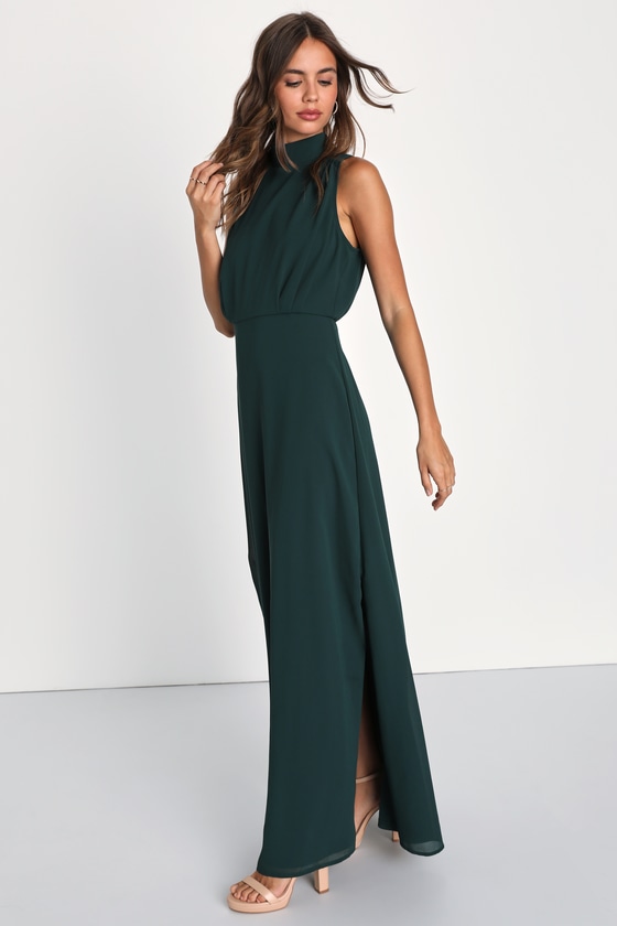 Classic Elegance Emerald Chiffon Sleeveless Mock Neck Maxi Dress