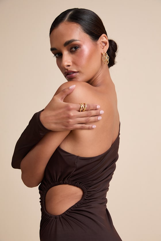 Malayah Brown Jersey Knit Cutout Column Maxi Dress