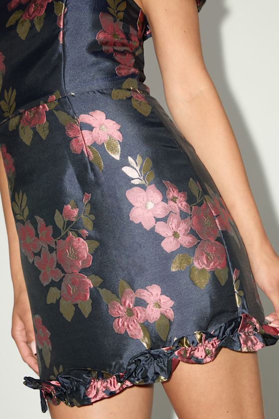 Pop the Bottle Navy Blue Floral Jacquard Ruffled Mini Dress