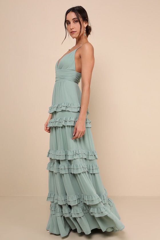 Lavish Perfection Sage Green Ruffled Tiered Maxi Dress