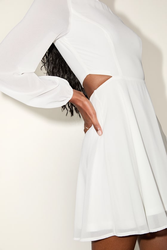 Garden Bliss White Long Sleeve Cutout Mini Dress