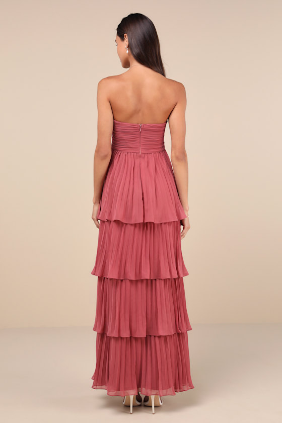 Seriously Sensational Rusty Rose Strapless Tiered Maxi Dress