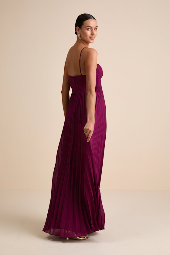Admirable Elegance Plum Pleated Bustier Maxi Dress
