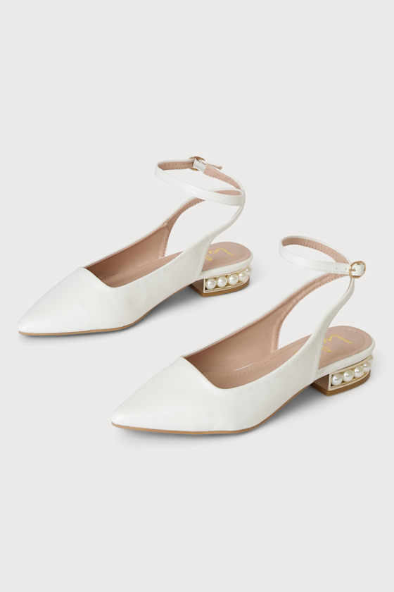 Flayna White Slingback Pearl Ankle Strap Flats