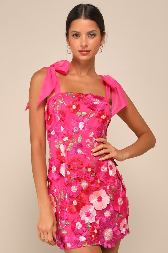 Emphatically Adorable Hot Pink Floral Tie-Strap Mini Dress