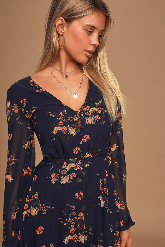 Always Yours Navy Blue Floral Print Long Sleeve Skater Dress