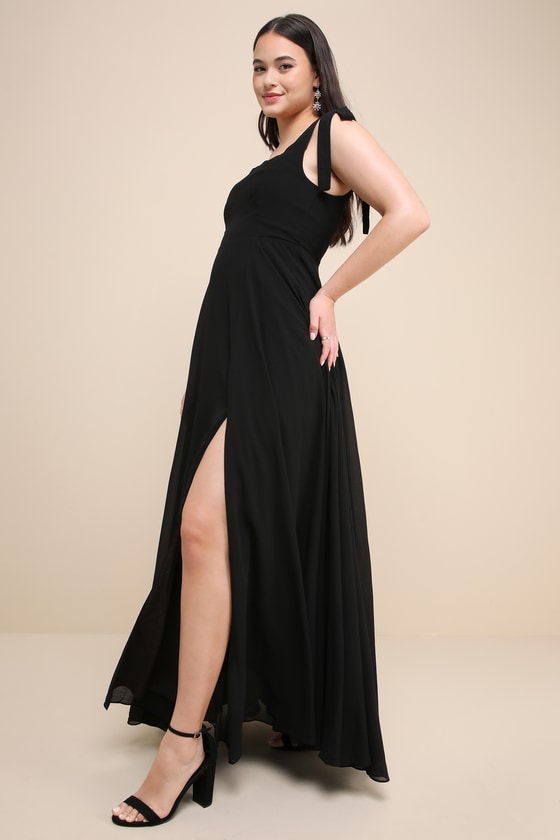 Love Me Forever Black Tie-Strap Square Neck Maxi Dress