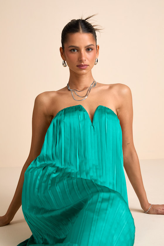 Celandine Teal Green Pleated Strapless Swing Maxi Dress