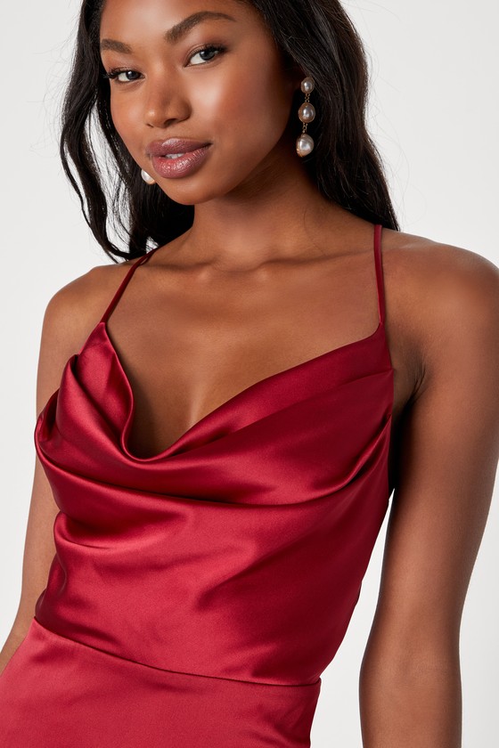 Luxe Reputation Wine Red Satin Sleeveless Cowl Neck Mini Dress