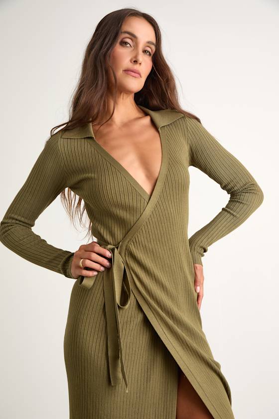 Neyla Olive Green Ribbed Sweater Wrap Midi Dress