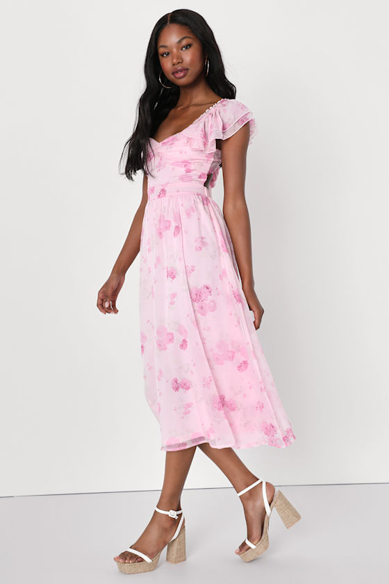 Loveliest Darling Light Pink Floral Ruffled Tie-Back Midi Dress