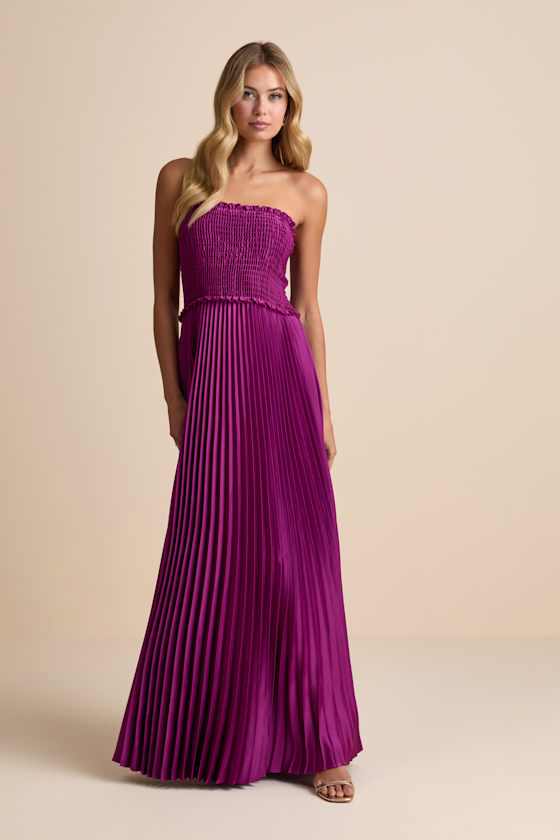 Damira Magenta Satin Pleated Strapless Maxi Dress