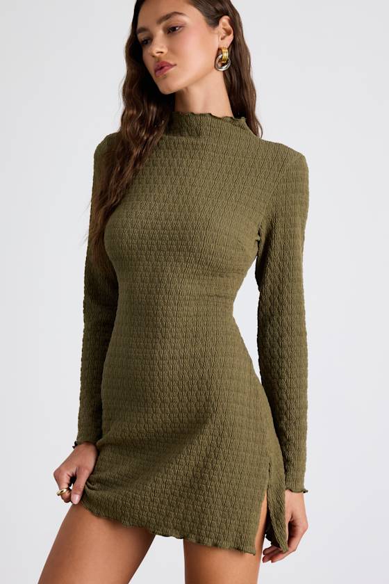 Flattering Forecast Olive Green Textured Long Sleeve Mini Dress