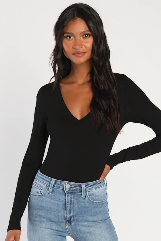 Clean Look Black V-Neck Long Sleeve Bodysuit