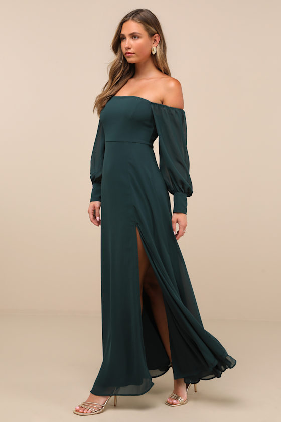 Feel the Romance Emerald Green Off-the-Shoulder Maxi Dress