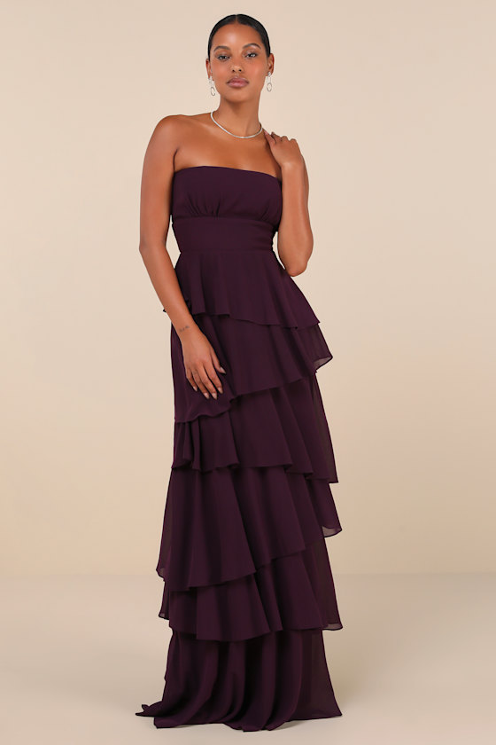 Gorgeous Essence Dark Purple Strapless Tiered Maxi Dress