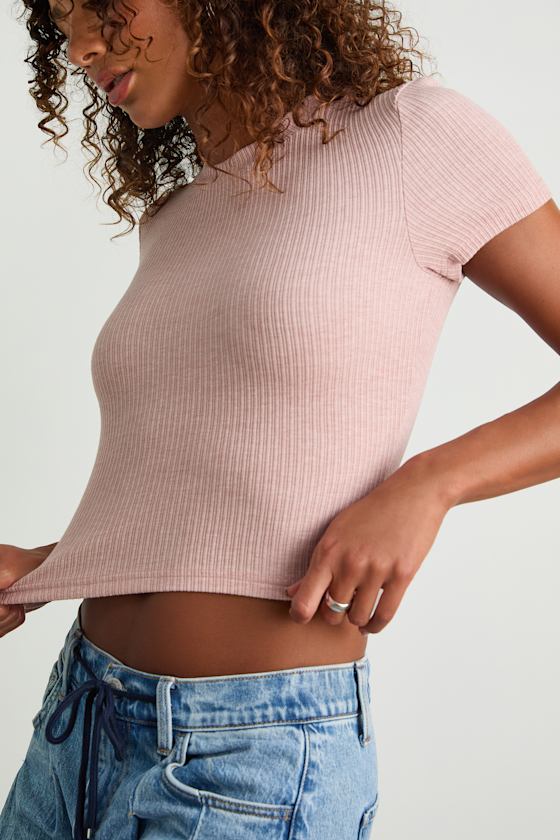 Poppy Heathered Blush Ribbed Knit Short Sleeve Tee