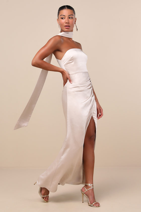 Maritza Champagne Satin Sash Tulip Maxi Dress