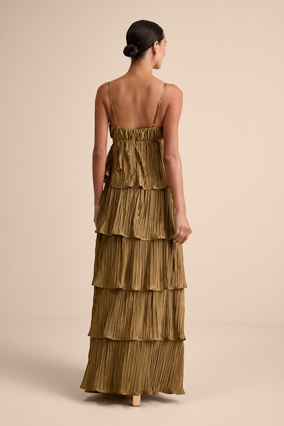 Kanya Gold Satin Plisse Tiered Maxi Dress