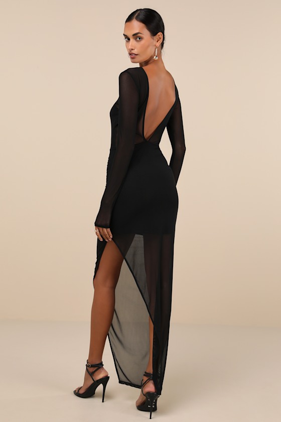 Alluring Silhouette Black Sheer Mesh Backless Maxi Dress