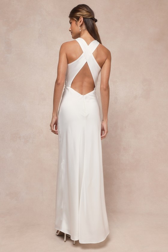 Effortlessly Sensational White Satin Backless Maxi Dress