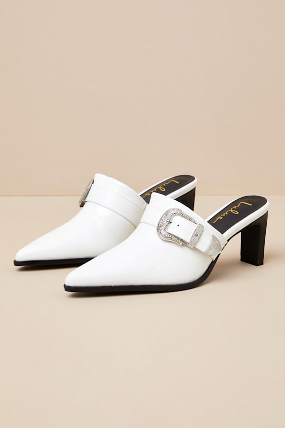 Isabetta White Pointed-Toe Buckle Mules