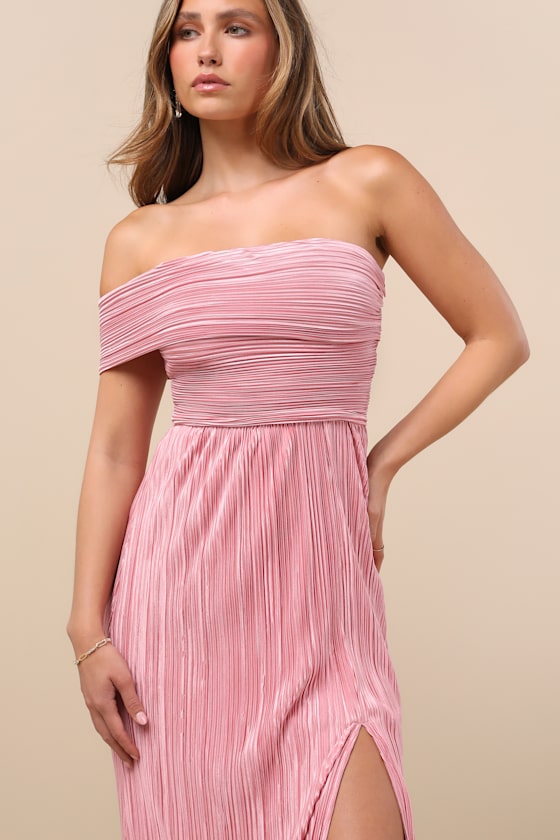 Poised Performance Pink Plisse One-Shoulder Maxi Dress