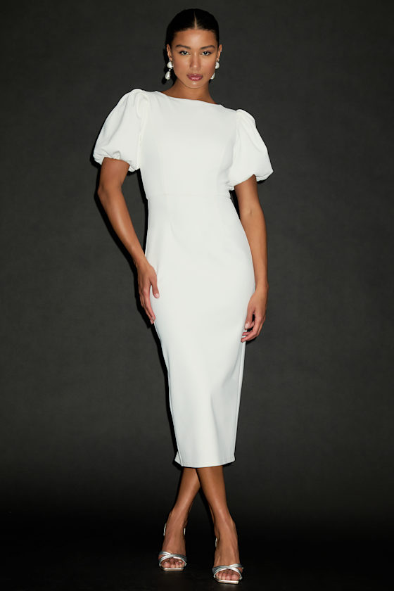 Simply Beloved White Puff Sleeve Bodycon Midi Dress