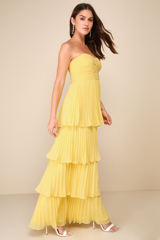 Seriously Sensational Yellow Strapless Tiered Maxi Dress