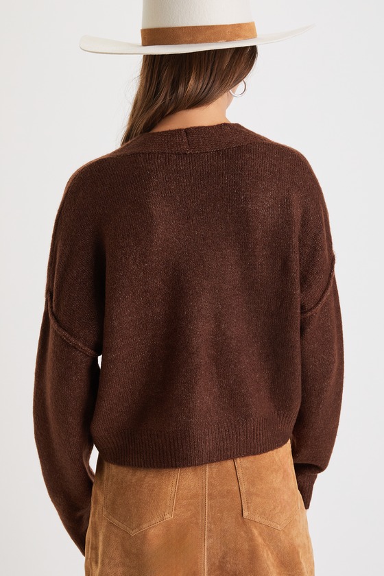 Cozy Ease Heather Brown Button-Up Cropped Cardigan Sweater