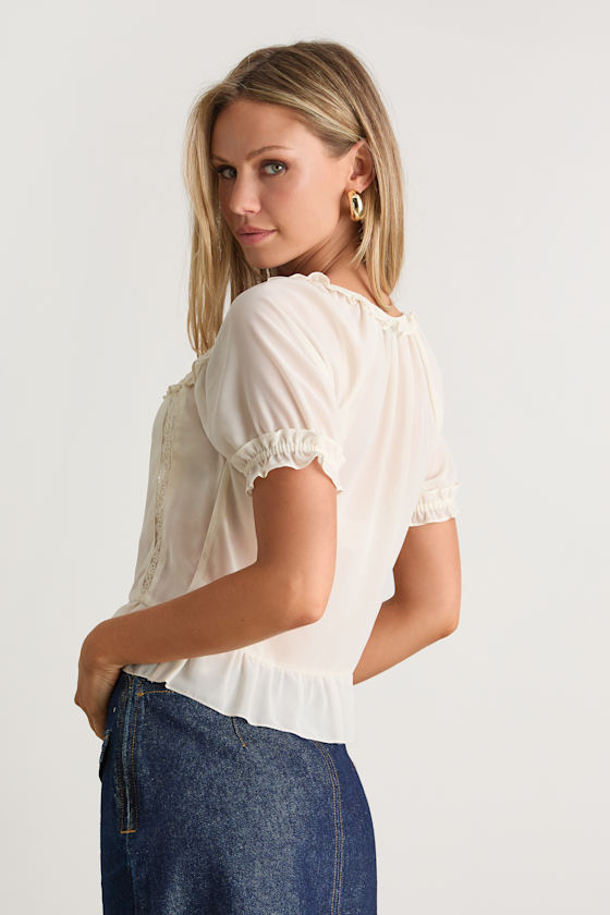 Bettine Cream Ruffled Slightly Sheer Short Sleeve Top
