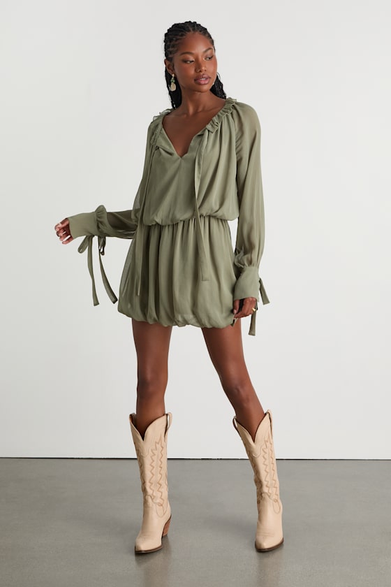 Kezzy Light Olive Ruffled Long Sleeve Bubble-Hem Mini Dress