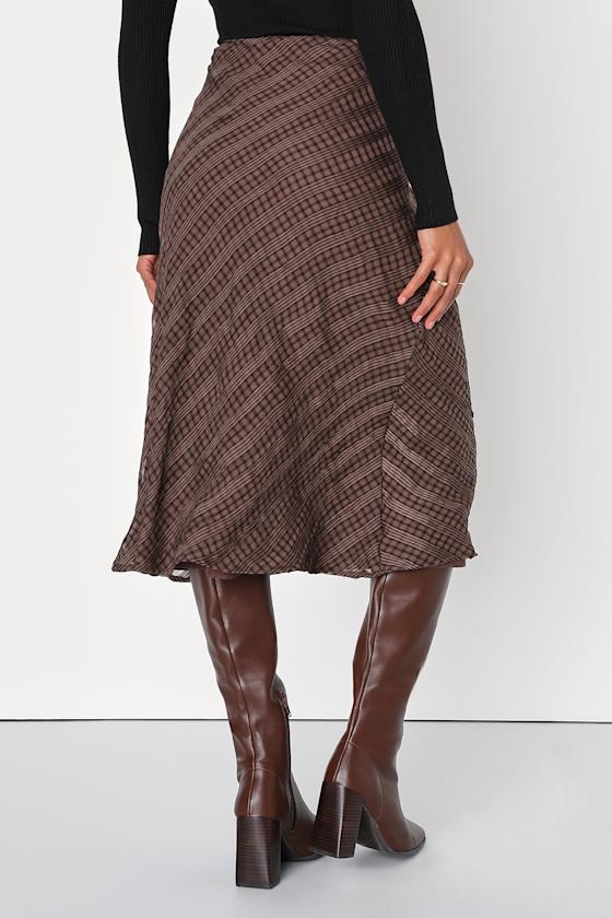 Trendy Era Brown Plaid Chiffon Midi Skirt