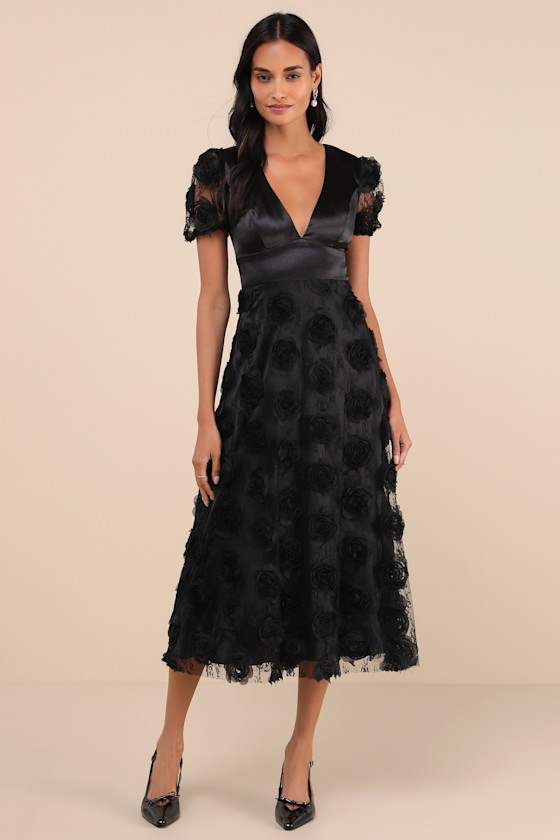 Gorgeous Elevation Black Lace Rosette Puff Sleeve Midi Dress
