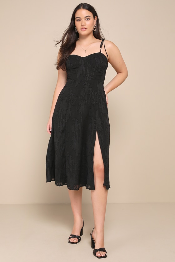Loveliest Looks Black Floral Jacquard Tie-Strap Midi Dress