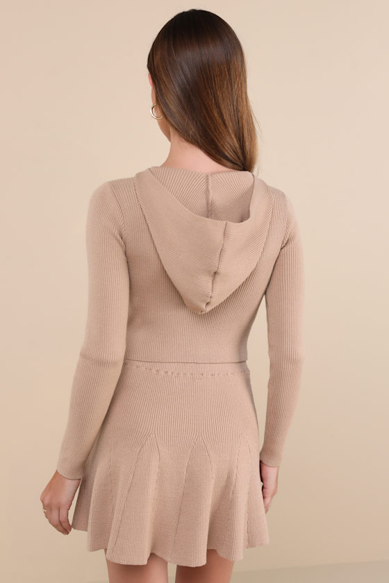 Delightful Duo Beige Ribbed Hooded Two-Piece Sweater Mini Dress