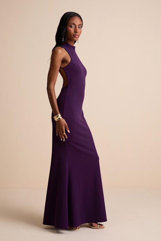 Damaris Dark Purple Mock Neck Backless Maxi Dress
