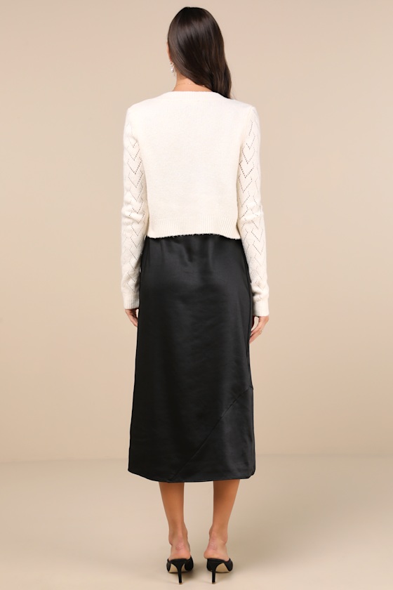 Coquette Coziness Black and Ivory Two-Piece Dress & Cardigan Set