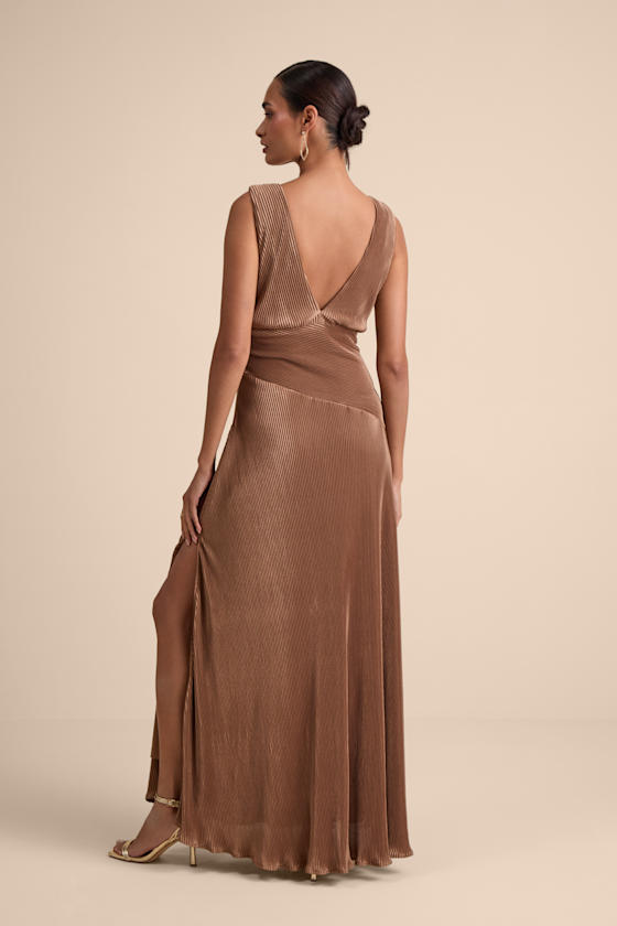 Renee Light Brown Satin Plisse V-Neck Maxi Dress