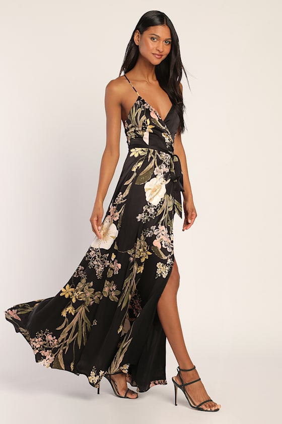 Still the One Black Floral Print Satin Maxi Dress