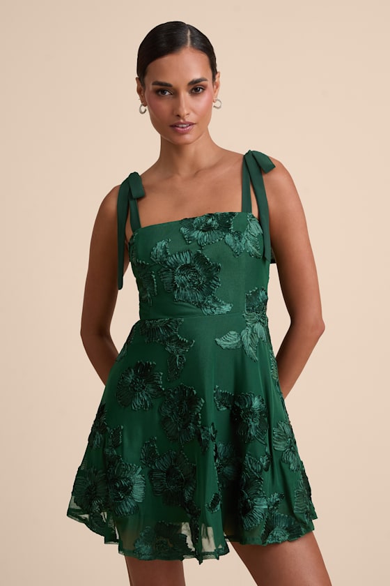 Truly Inspiring Dark Green Floral Applique Tie-Strap Mini Dress