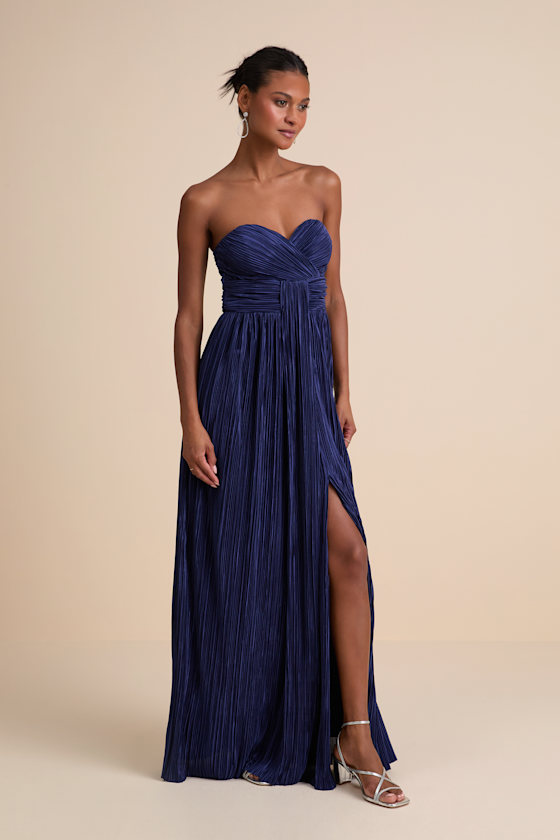 Oswin Navy Satin Plisse Strapless Maxi Dress